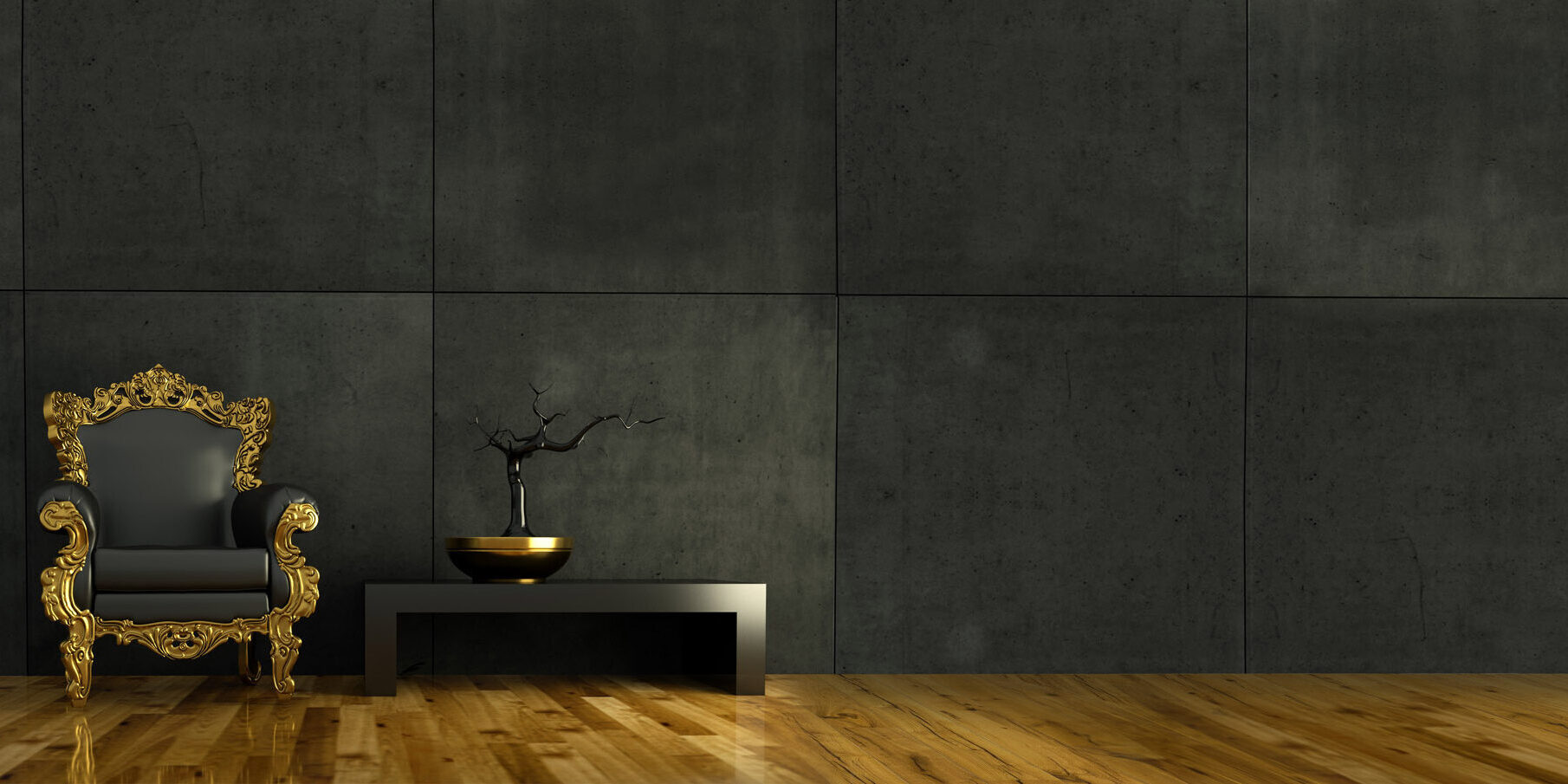 3d Rendering goldener Barocksessel vor Betonwand