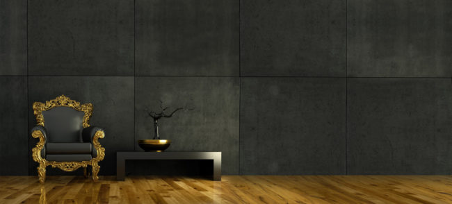 3d Rendering goldener Barocksessel vor Betonwand